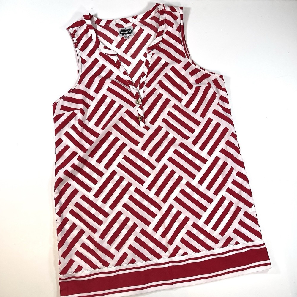Mudpie Women's Red White Patterned Sleeveless Blouse Gold Buttons Small